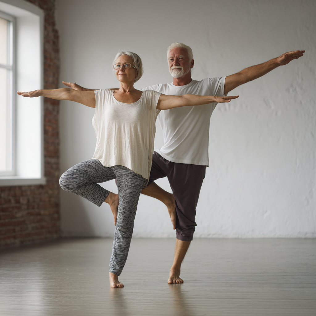Középkorú magyar nő természetes jóga pózban, békés környezetben, lágy fényekkel